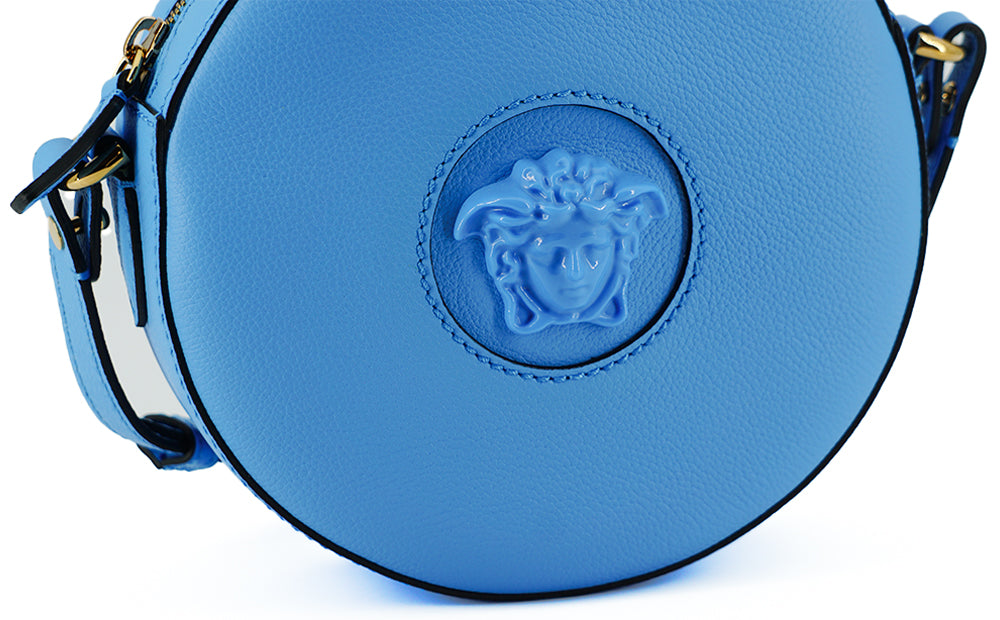 Versace Chic Blue Leather Round Shoulder Bag - KALAJ