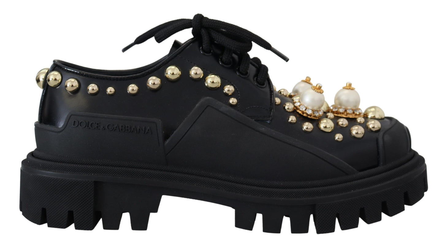 Dolce & Gabbana Timeless Black Leather Derby Flats with Glam Accents