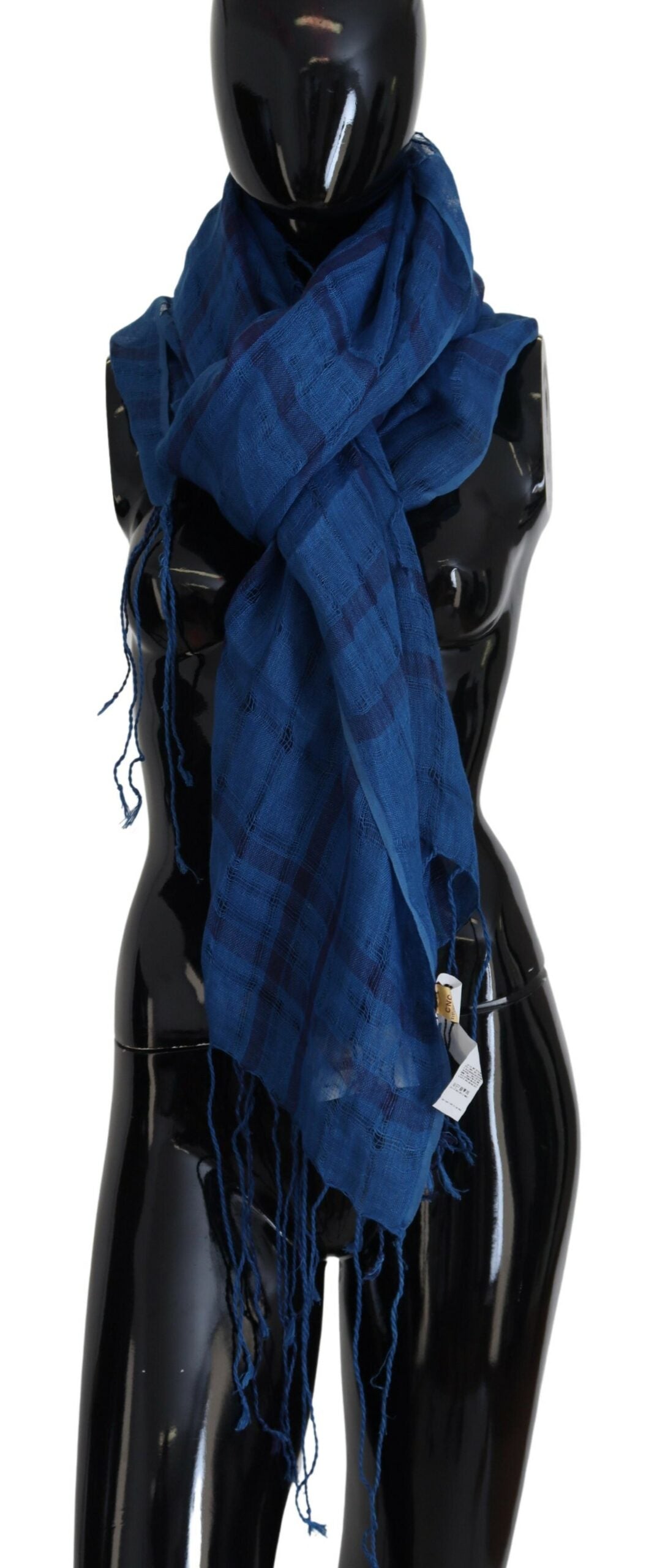 Costume National Chic Linen Fringed Scarf in Blue Checkered - KALAJ