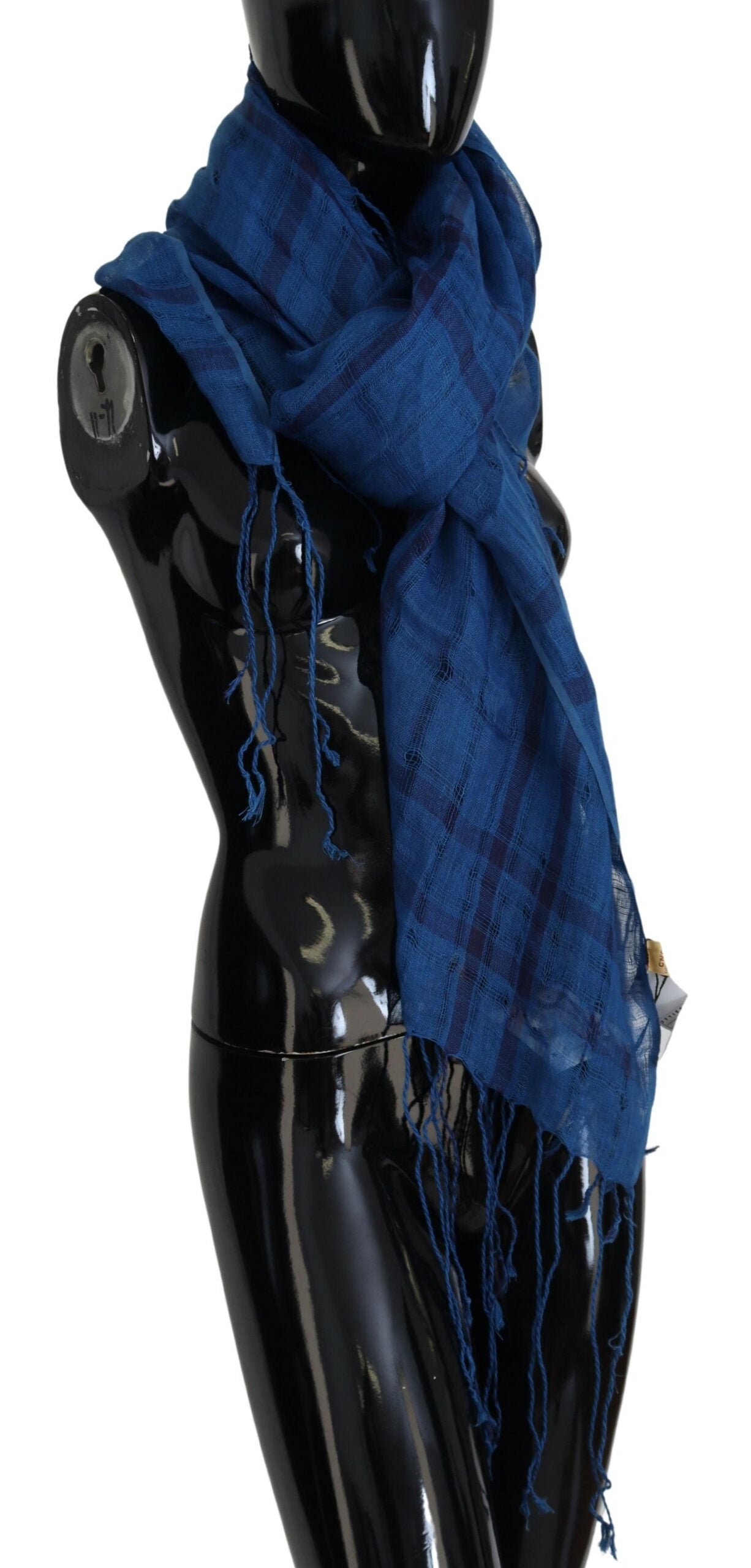 Costume National Chic Linen Fringed Scarf in Blue Checkered - KALAJ