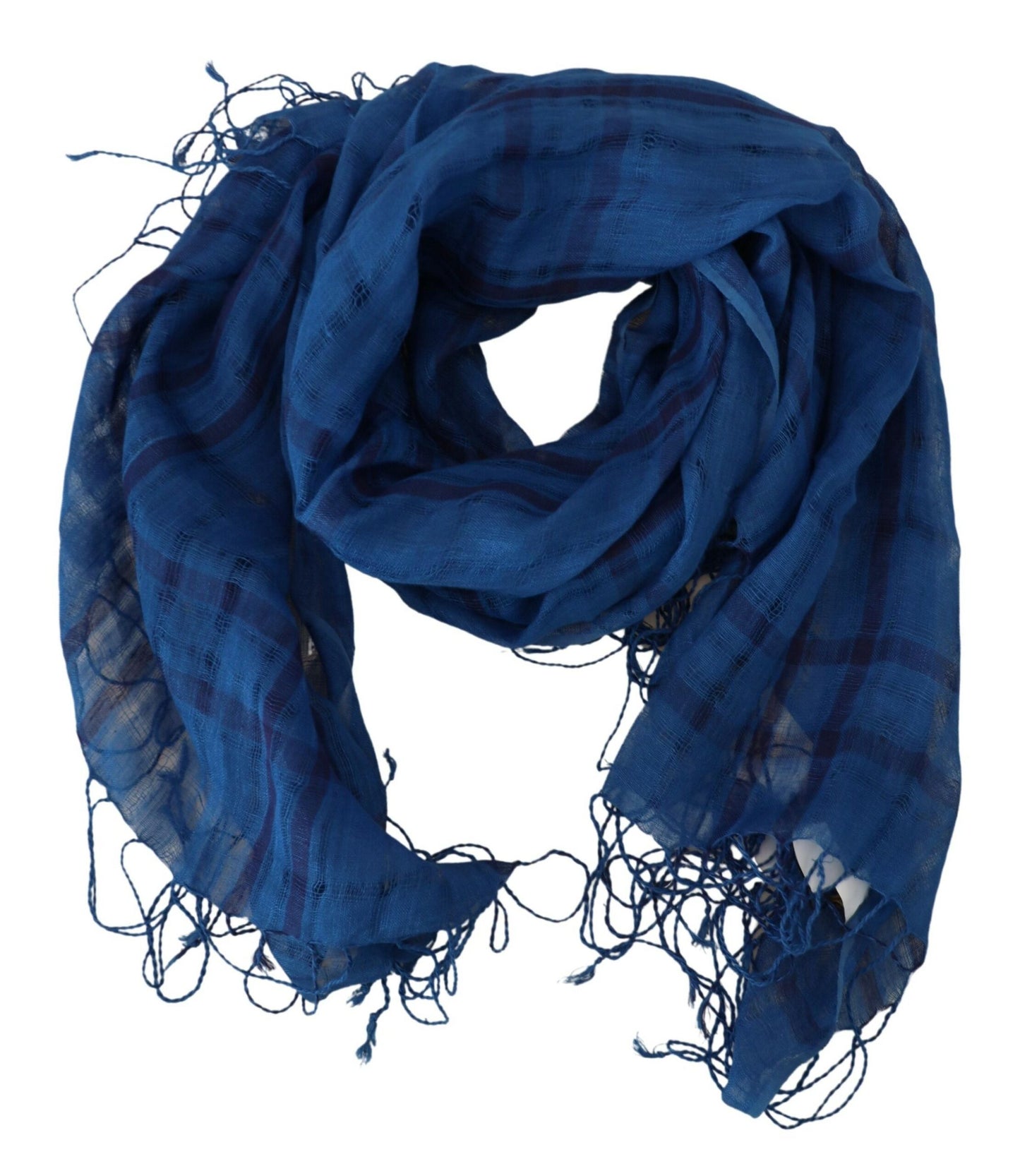 Costume National Chic Linen Fringed Scarf in Blue Checkered - KALAJ