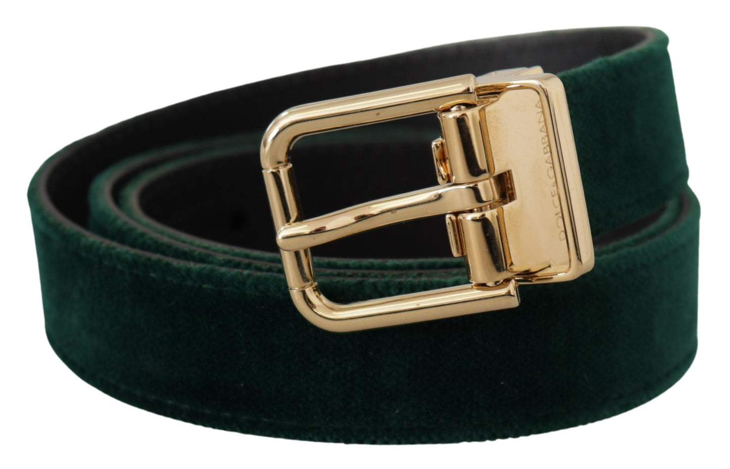 Dolce & Gabbana Emerald Velvet Designer Belt with Golden Buckle - KALAJ