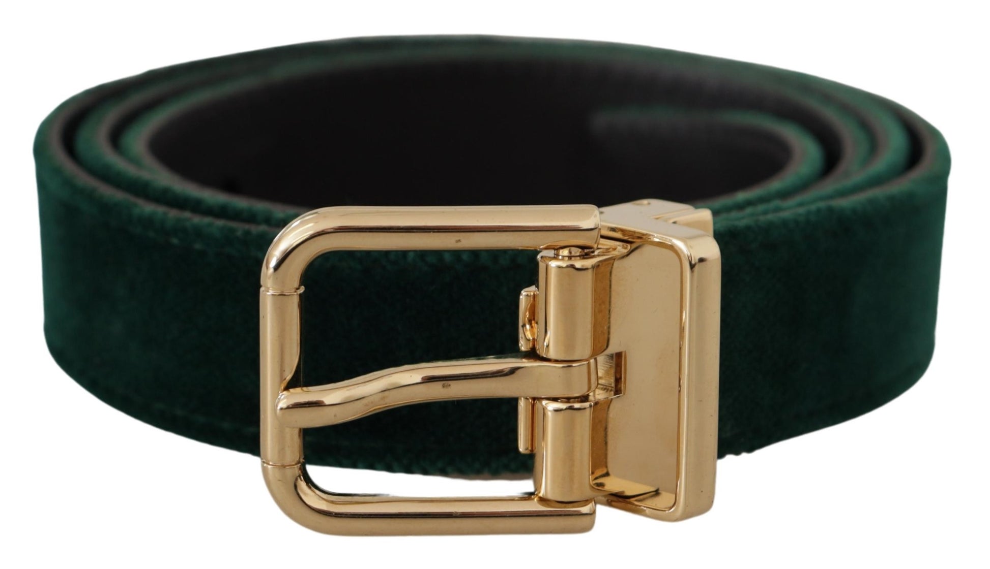 Dolce & Gabbana Emerald Velvet Designer Belt with Golden Buckle - KALAJ