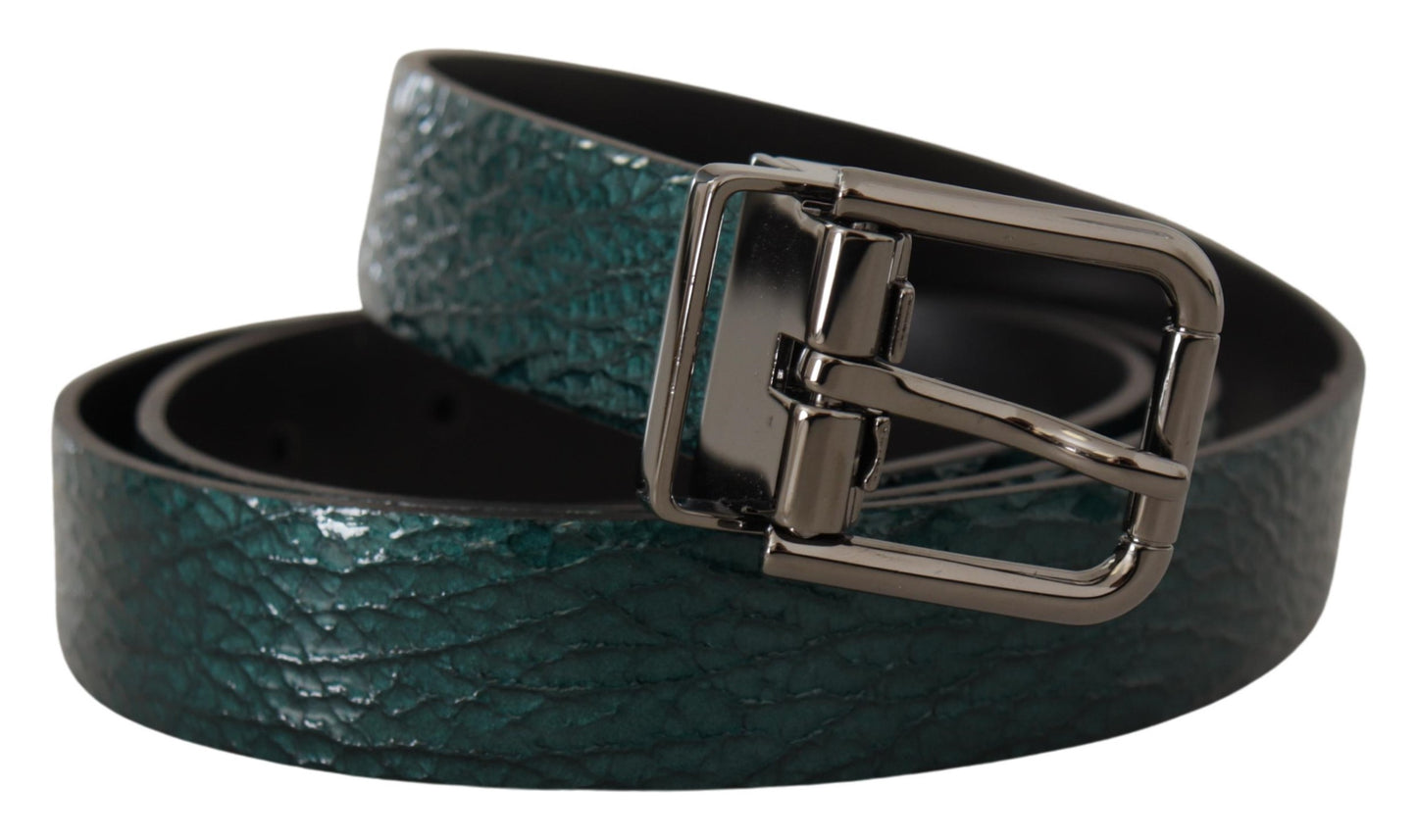 Dolce & Gabbana Elegant Green Leather Belt with Silver Buckle - KALAJ