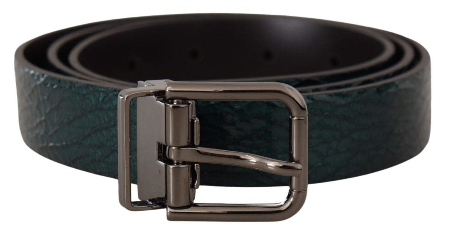 Dolce & Gabbana Elegant Green Leather Belt with Silver Buckle - KALAJ