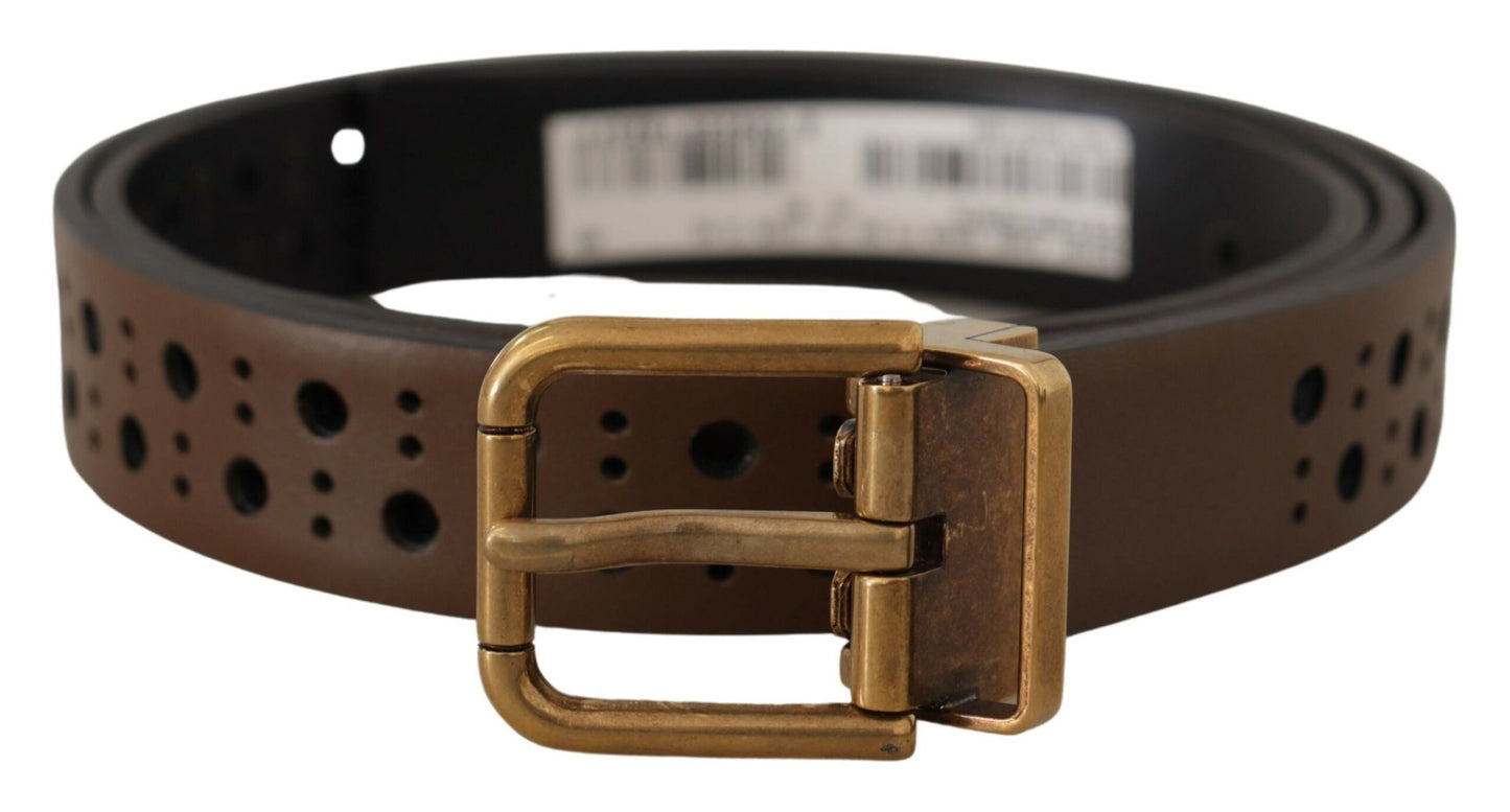 Dolce & Gabbana Elegant Brown Leather Belt with Golden Buckle - KALAJ