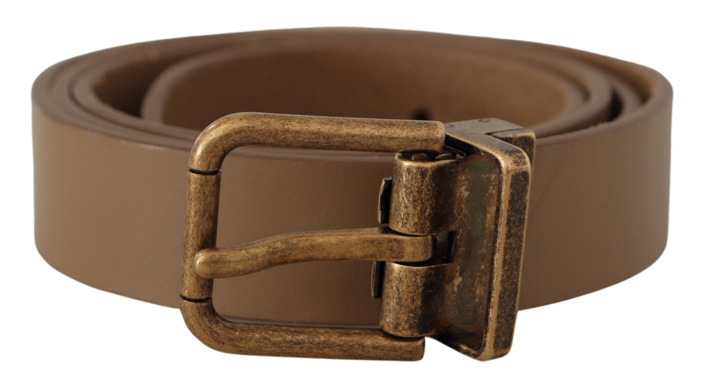 Dolce & Gabbana Elegant Brown Leather Belt with Brass Tone Buckle - KALAJ