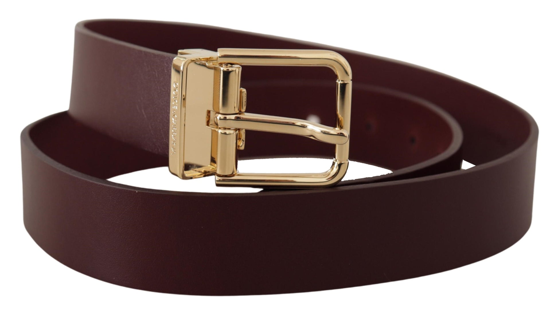 Dolce & Gabbana Elegant Maroon Leather Belt with Gold Buckle - KALAJ