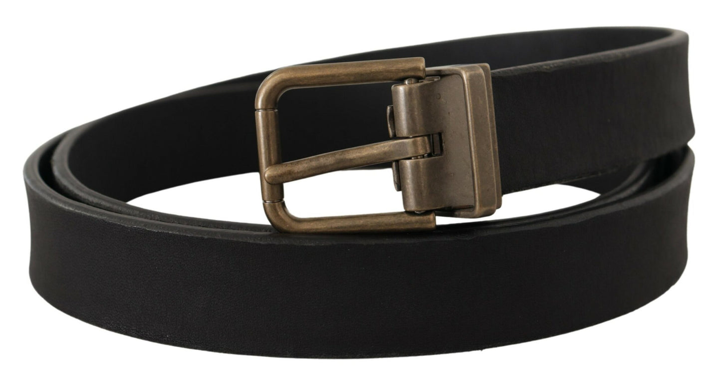 Dolce & Gabbana Elegant Black Leather Belt with Vintage Metal Buckle - KALAJ