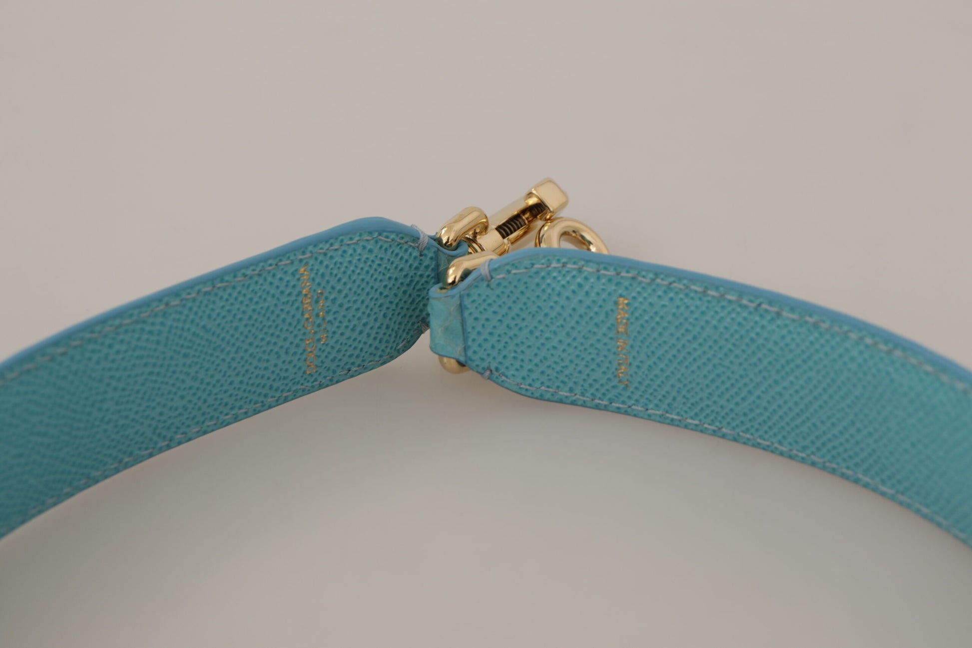 Dolce & Gabbana Elegant Blue Leather Bag Strap with Gold Accents - KALAJ