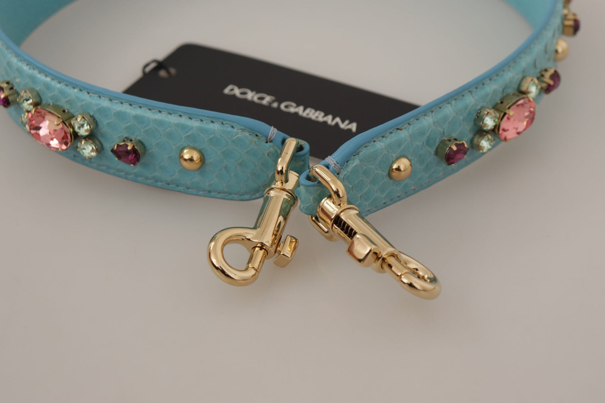 Dolce & Gabbana Elegant Blue Leather Bag Strap with Gold Accents - KALAJ