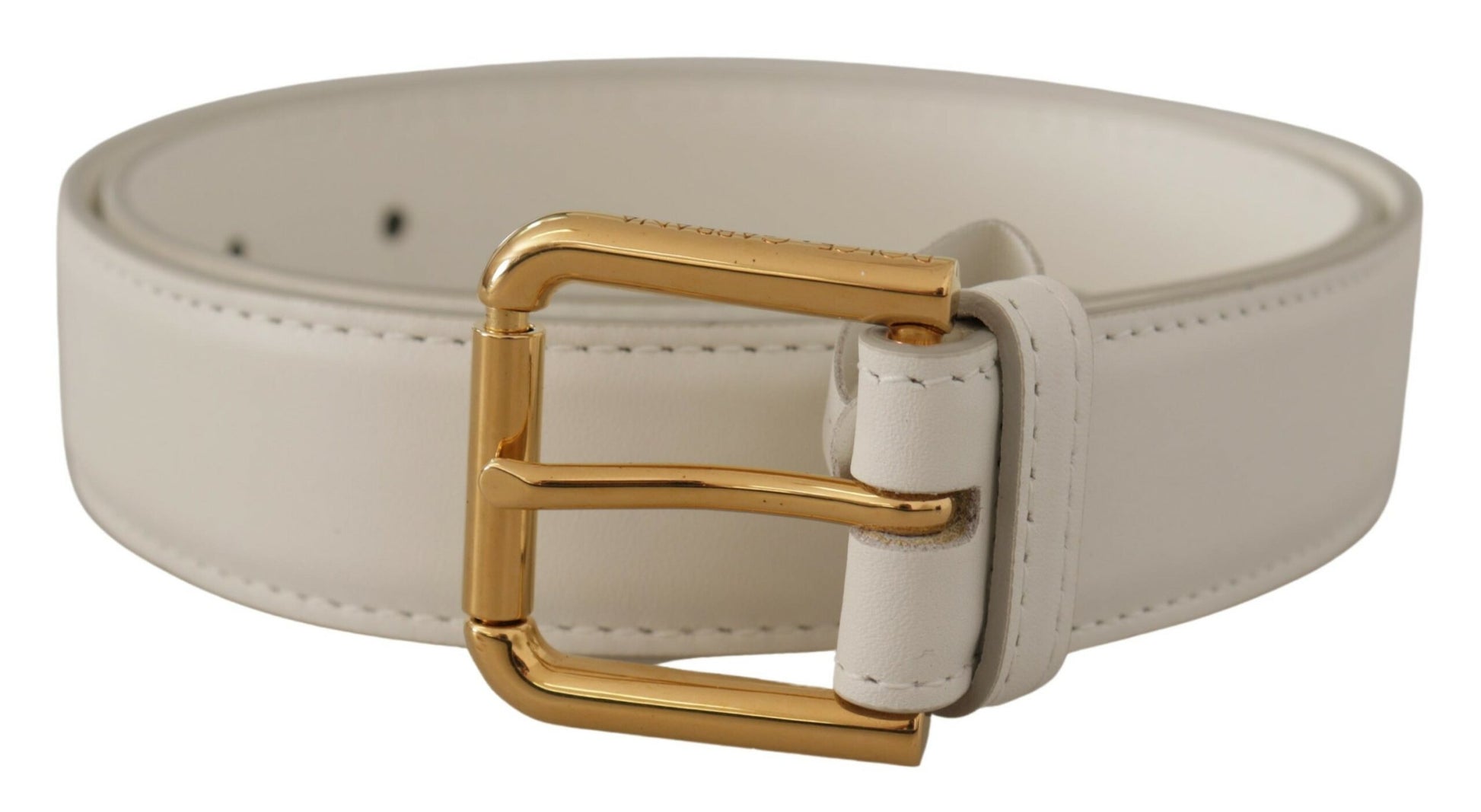 Dolce & Gabbana Chic White Leather Belt with Gold Engraved Buckle - KALAJ