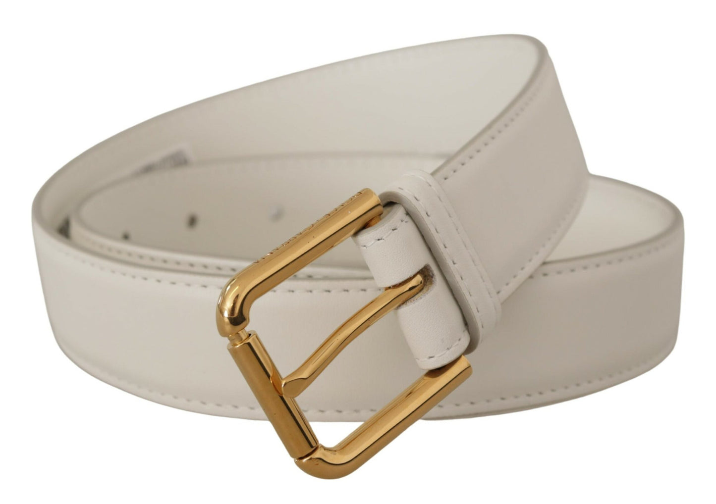 Dolce & Gabbana Chic White Leather Belt with Gold Engraved Buckle - KALAJ