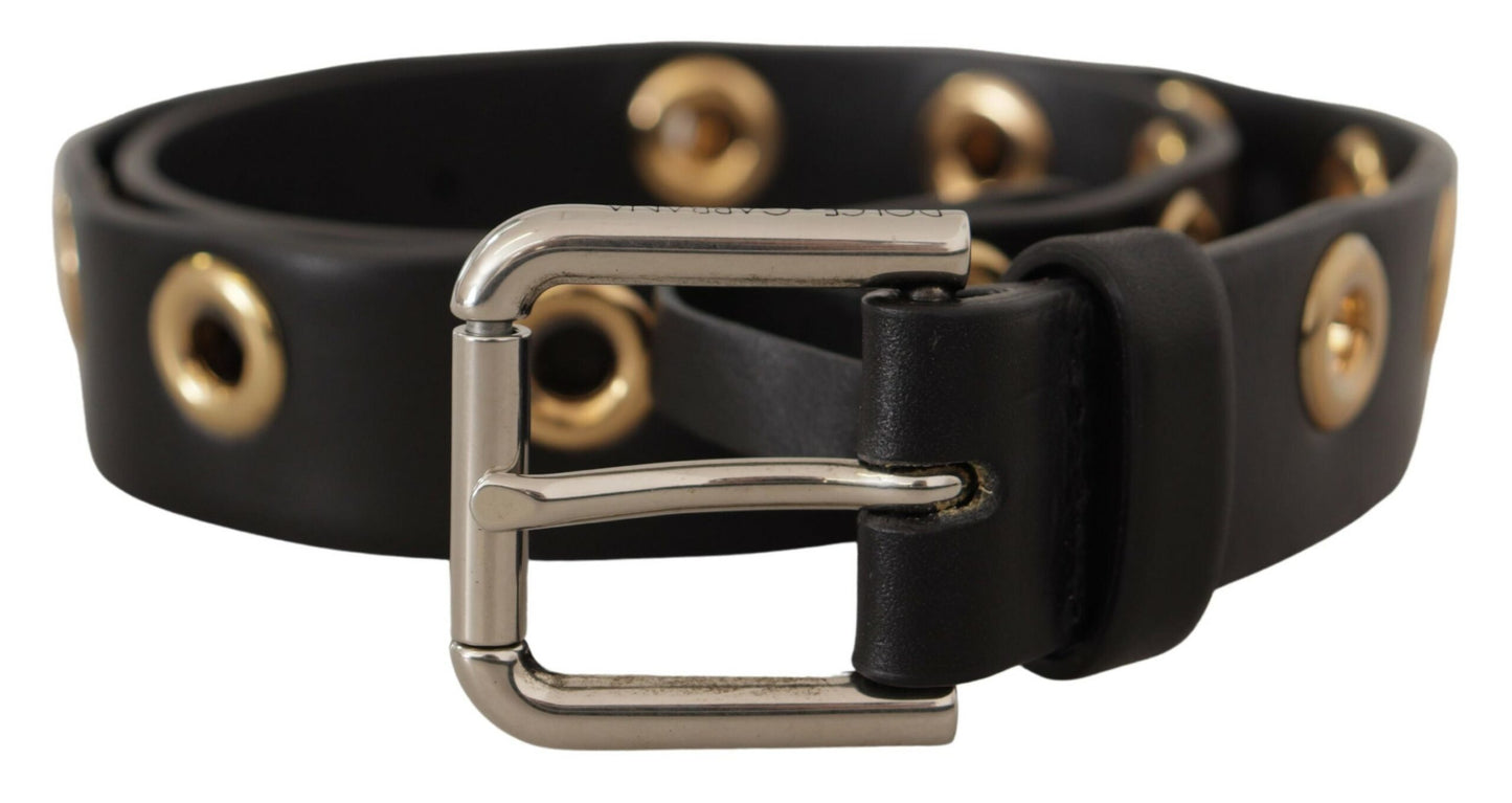 Dolce & Gabbana Chic Black Leather Belt with Engraved Buckle - KALAJ