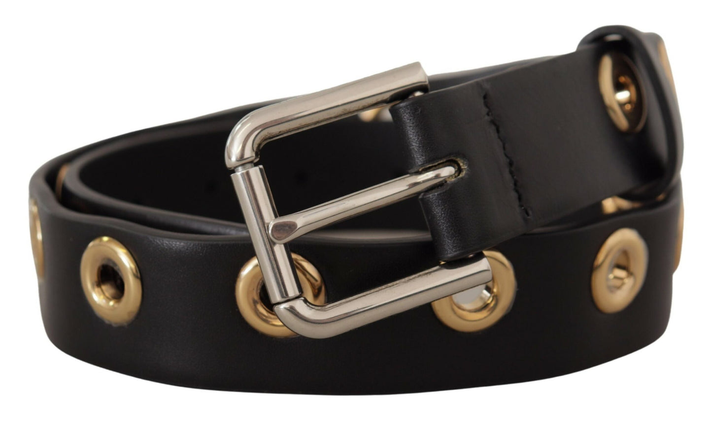 Dolce & Gabbana Chic Black Leather Belt with Engraved Buckle - KALAJ