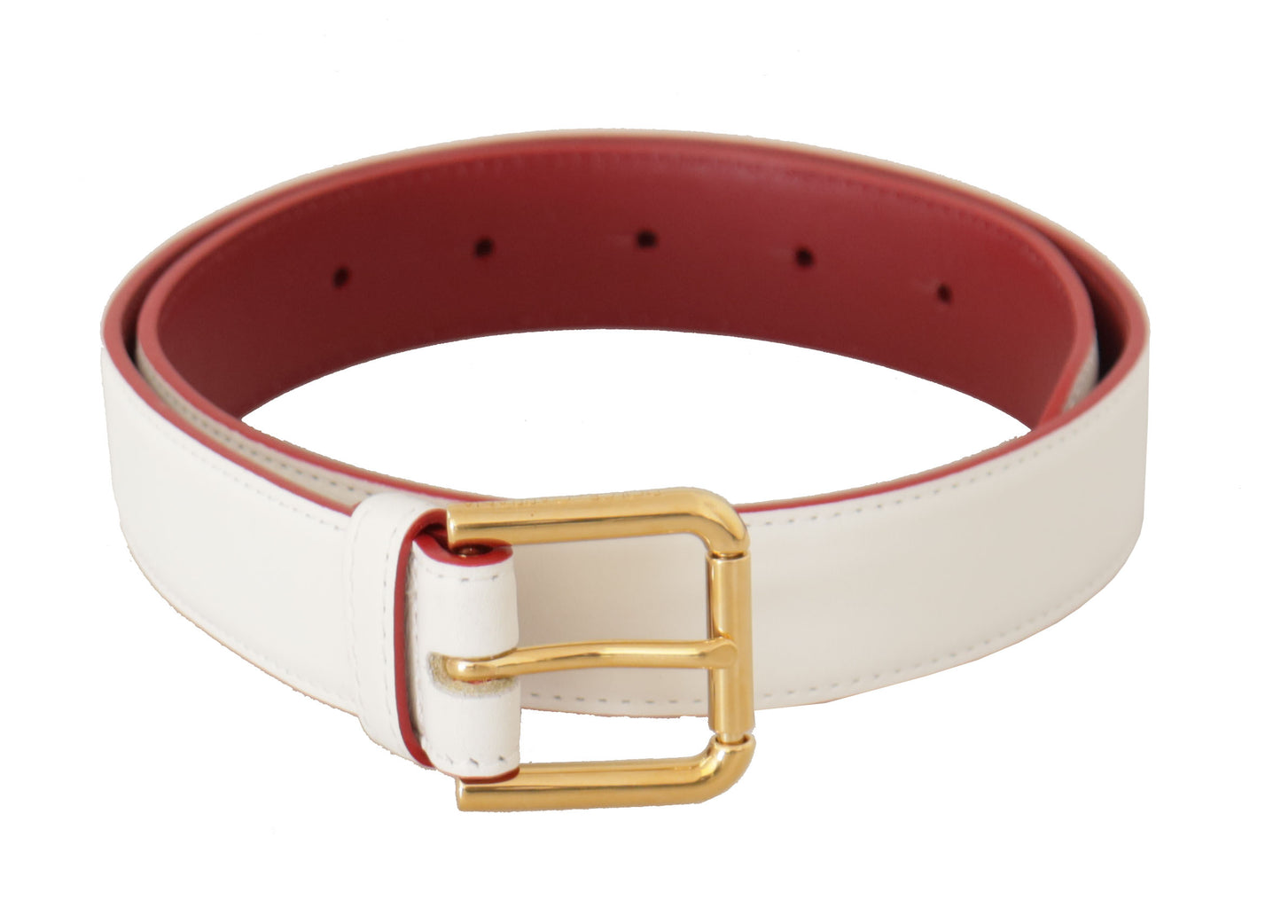 Dolce & Gabbana Elegant White Leather Belt with Engraved Buckle - KALAJ