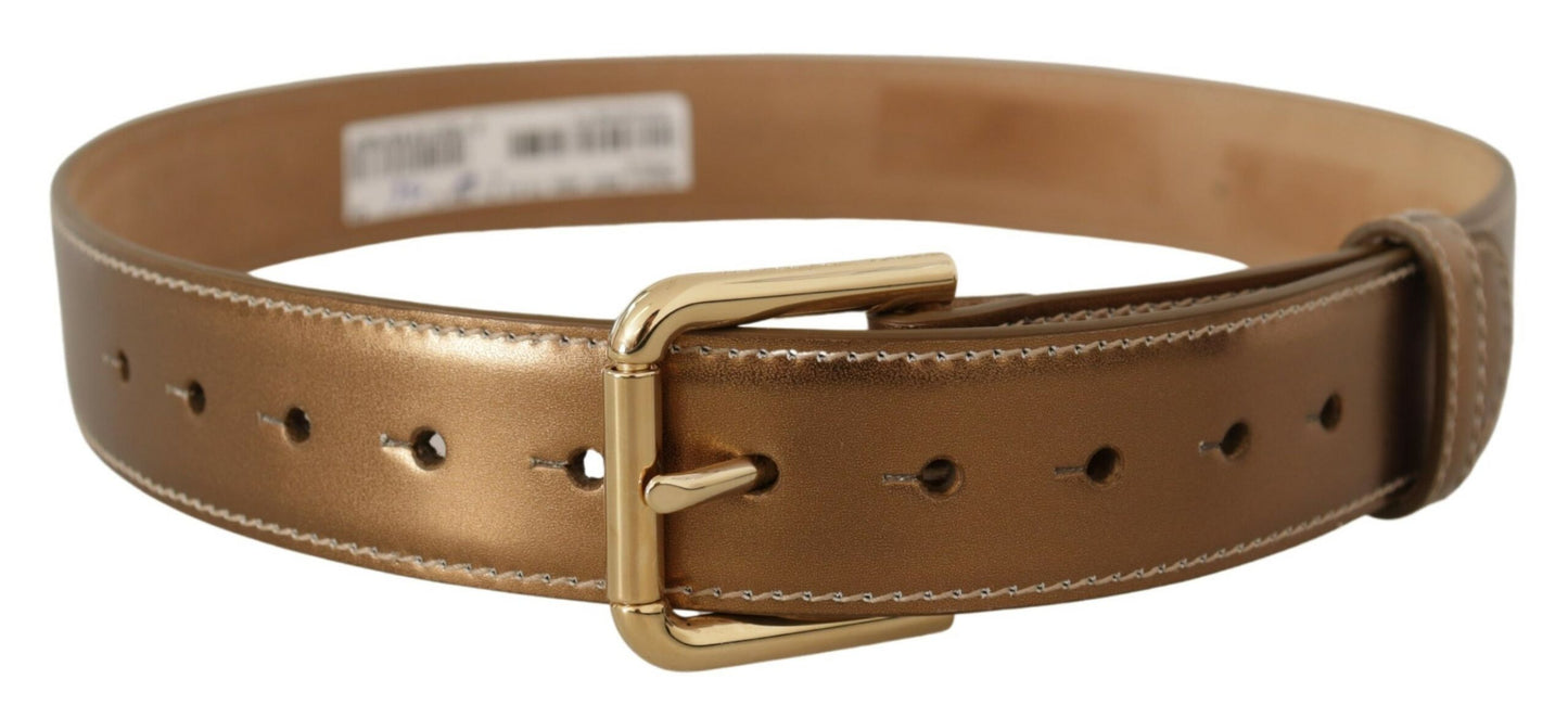 Dolce & Gabbana Elegant Bronze Leather Belt with Logo Buckle - KALAJ