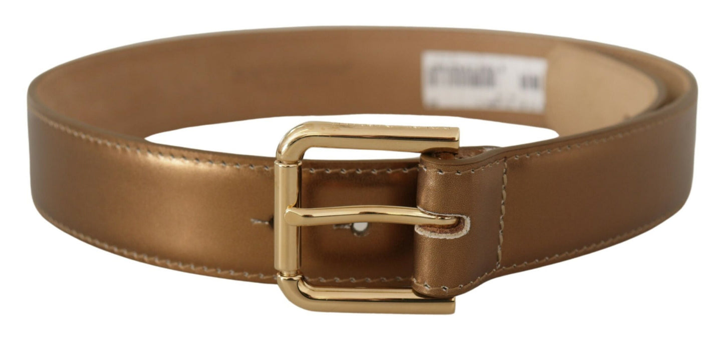 Dolce & Gabbana Bronze Leather Belt with Gold-Toned Buckle - KALAJ