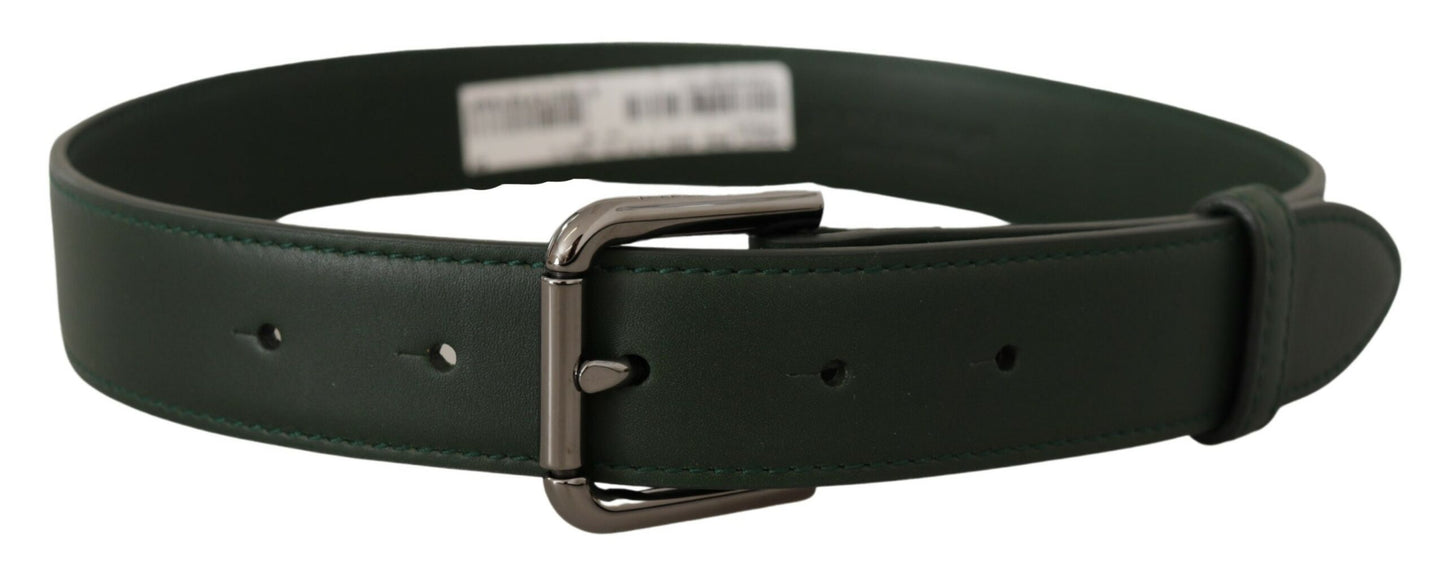 Dolce & Gabbana Elegant Dark Green Leather Belt with Logo Buckle - KALAJ