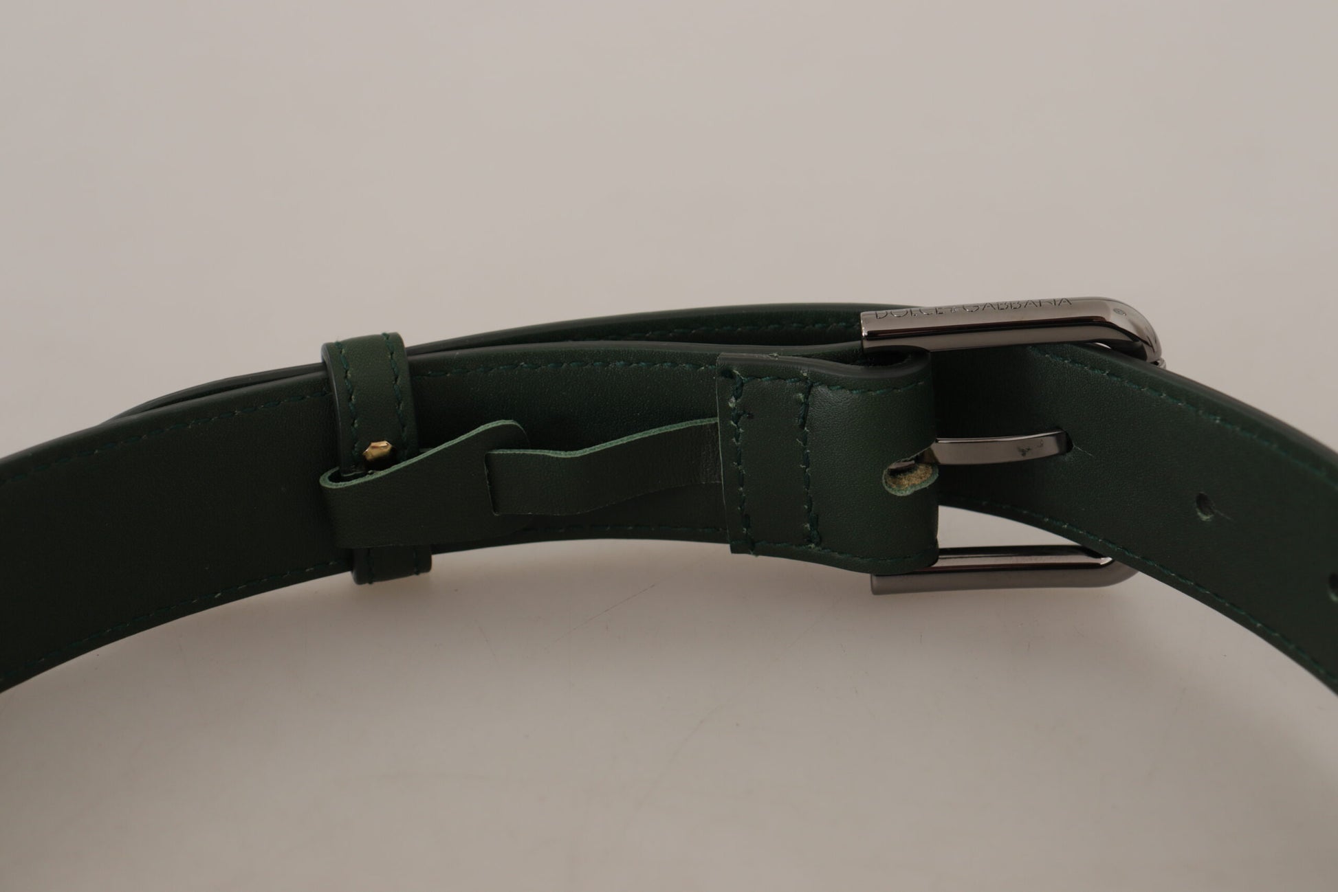 Dolce & Gabbana Elegant Dark Green Leather Belt with Logo Buckle - KALAJ