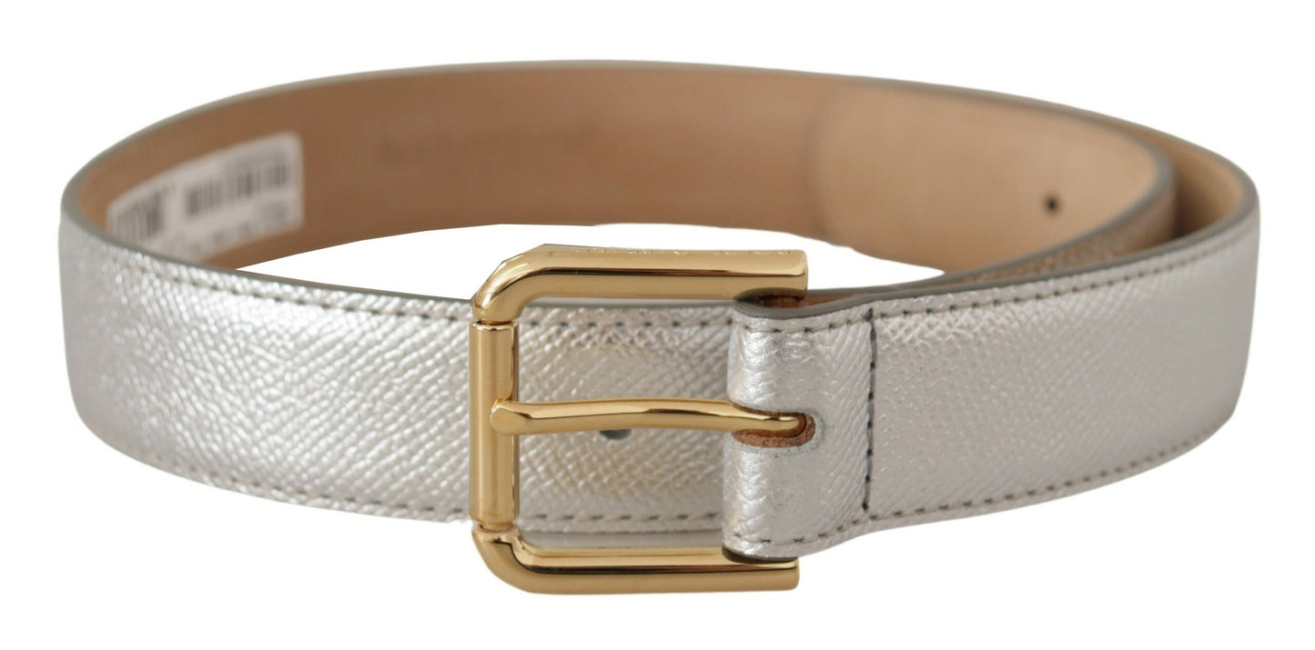 Dolce & Gabbana Elegant Silver Leather Belt with Engraved Buckle - KALAJ