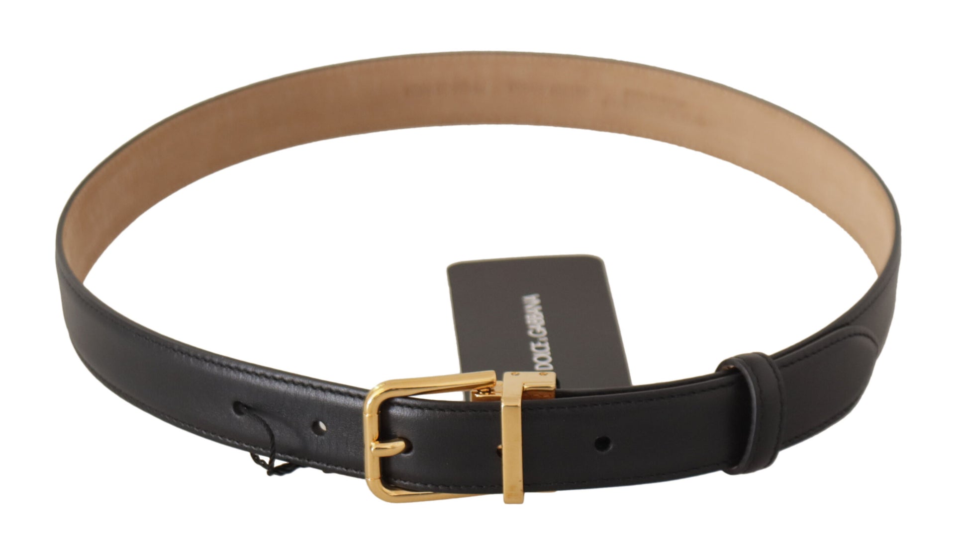 Dolce & Gabbana Elegant Black Leather Belt with Engraved Buckle - KALAJ