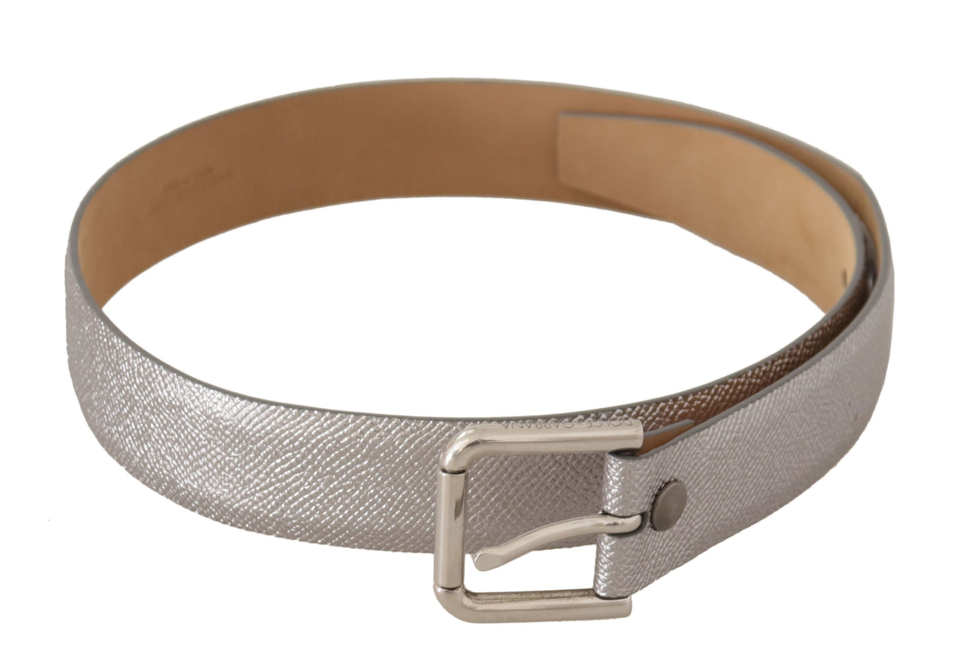 Dolce & Gabbana Elegant Silver Leather Belt with Engraved Buckle - KALAJ