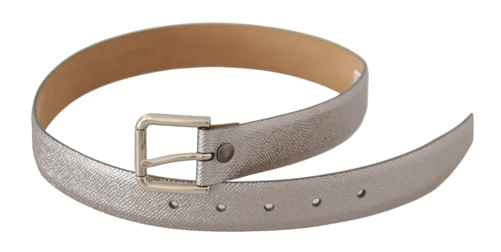 Dolce & Gabbana Elegant Silver Leather Belt with Engraved Buckle - KALAJ