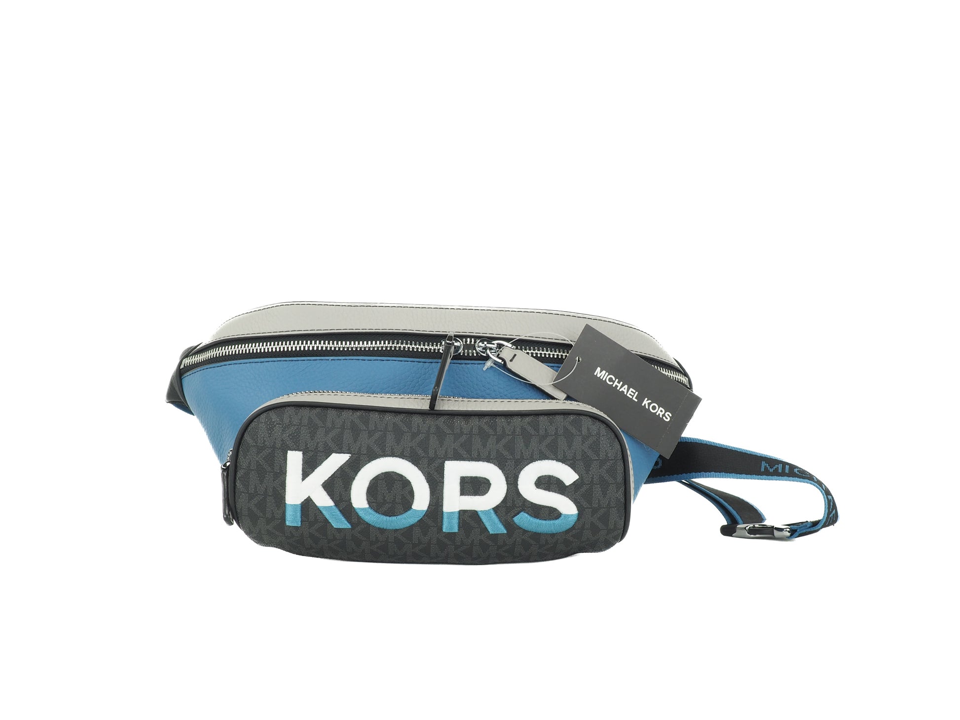 Michael Kors Cooper Large Blue Multi Leather Embroidered Logo Utility Belt Bag - KALAJ