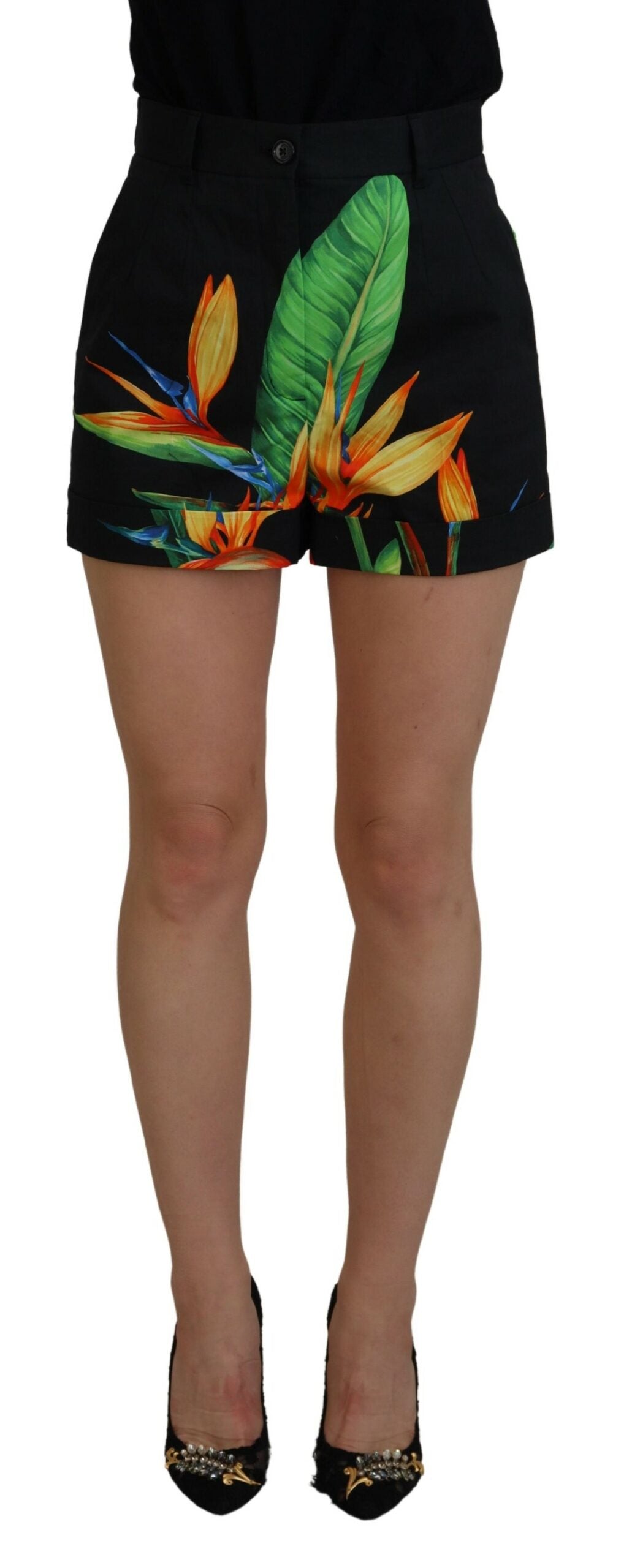 Dolce & Gabbana High Waist Hot Pants Shorts in Black Leaves Print