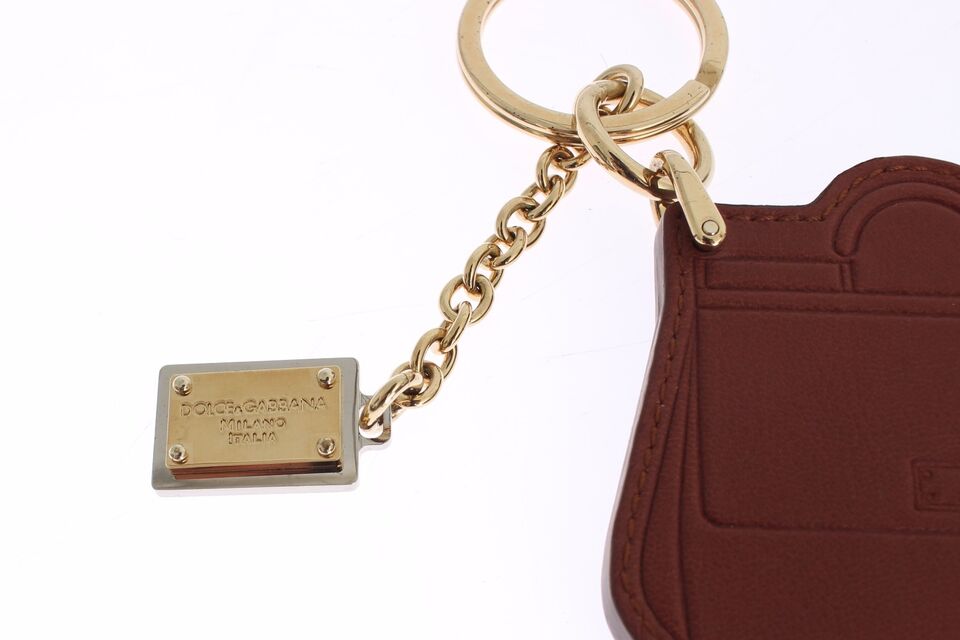 Dolce & Gabbana Elegant Brown Leather Keychain with Gold Detailing - KALAJ