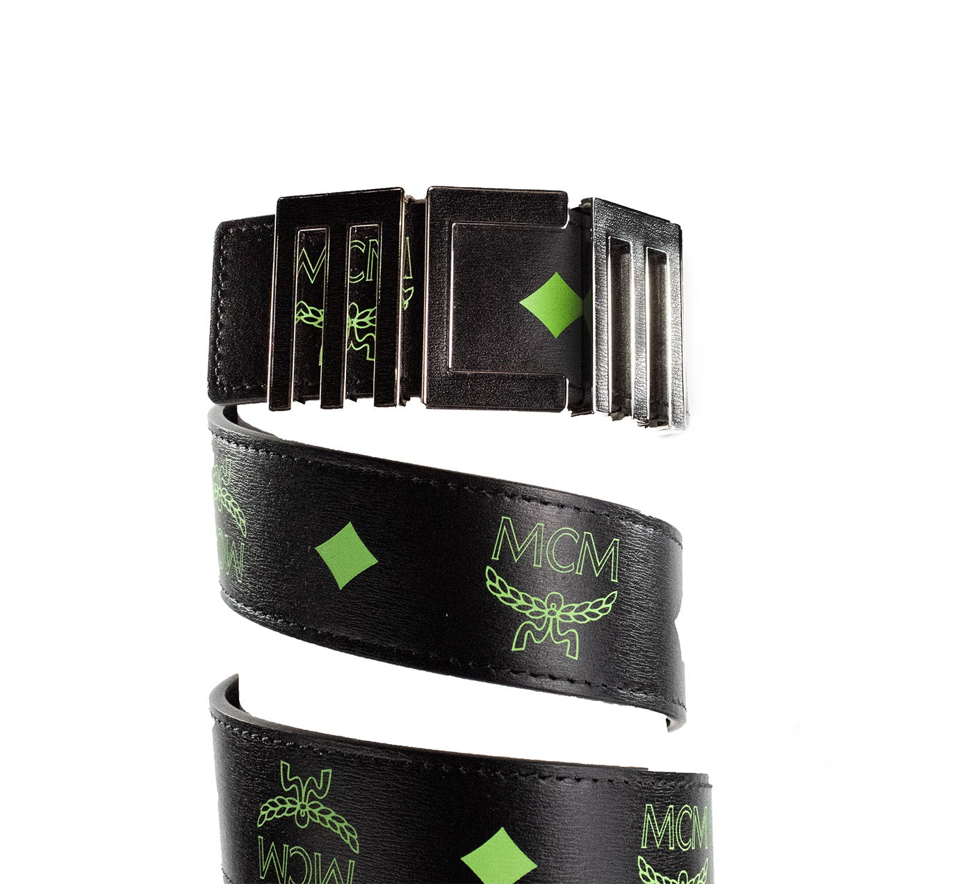 MCM Claus Mens Summer Green Smooth Visetos Logo Leather Numeric Buckle Belt - KALAJ