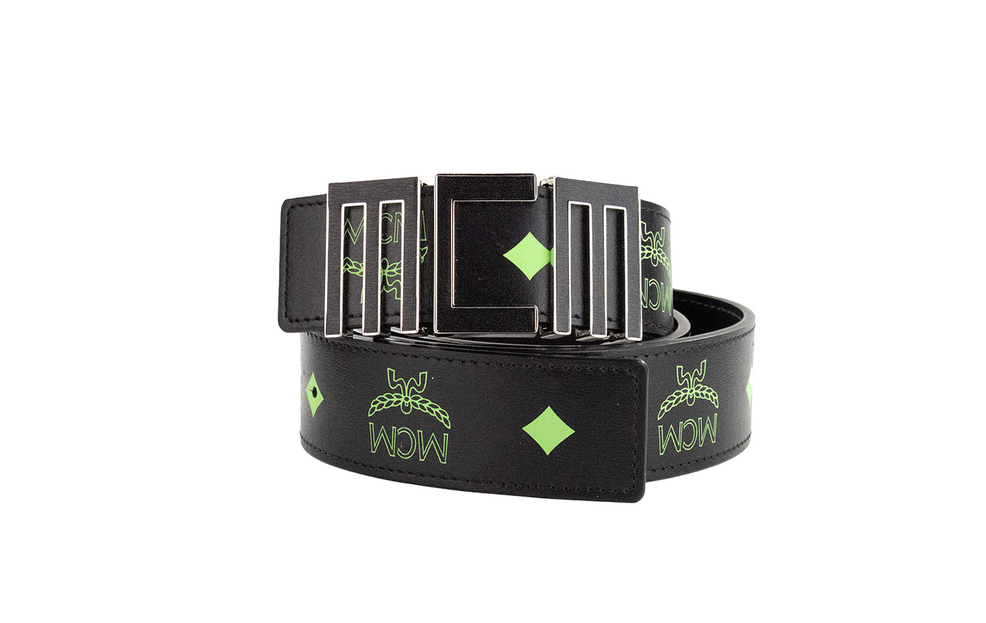 MCM Claus Mens Summer Green Smooth Visetos Logo Leather Numeric Buckle Belt - KALAJ