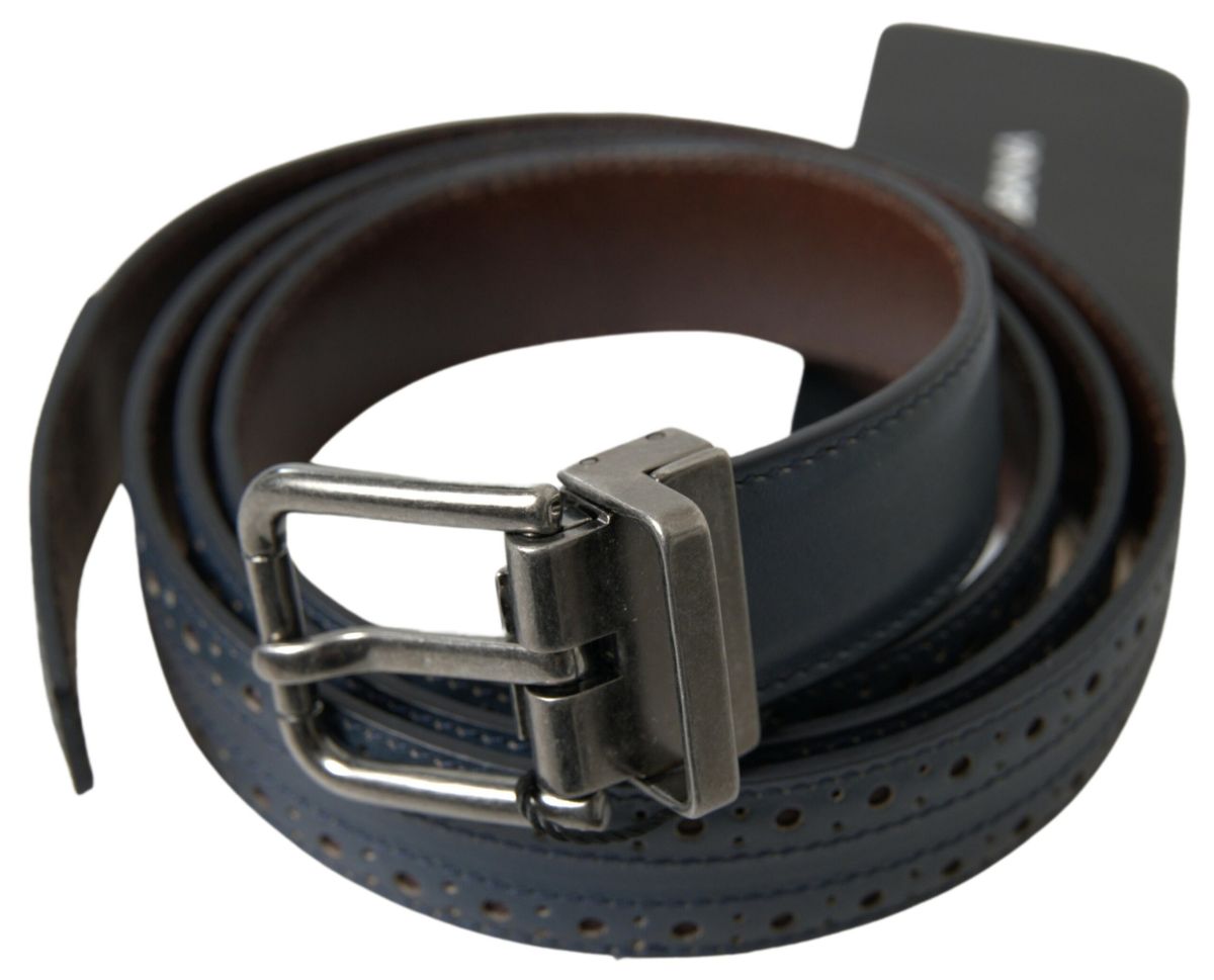 Dolce & Gabbana Elegant Blue Leather Belt with Metal Buckle - KALAJ