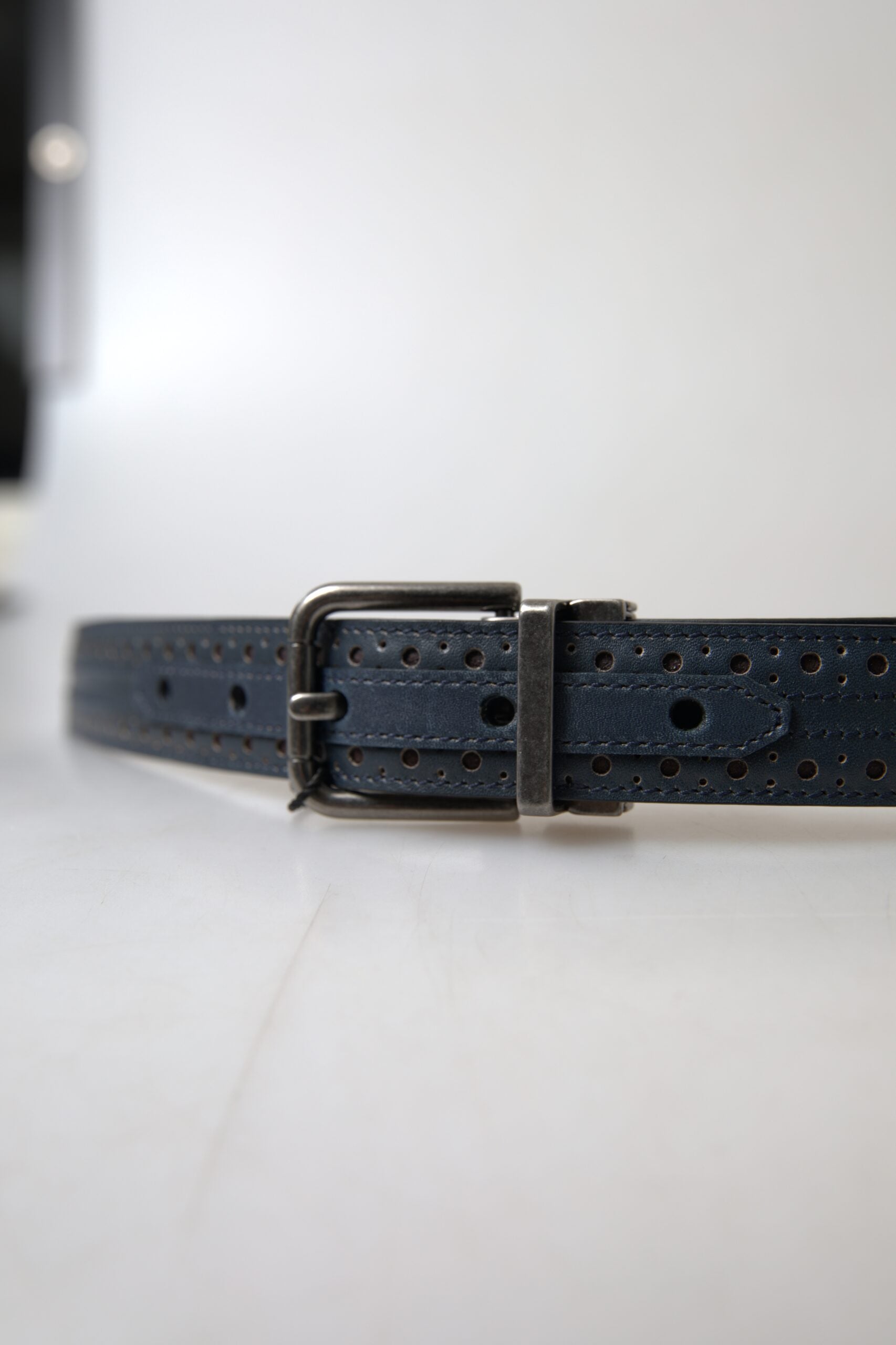 Dolce & Gabbana Elegant Blue Leather Belt with Metal Buckle - KALAJ