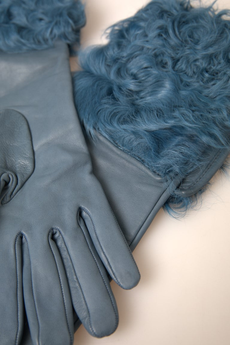 Dolce & Gabbana Elegant Blue Leather Gloves with Fur Trim - KALAJ