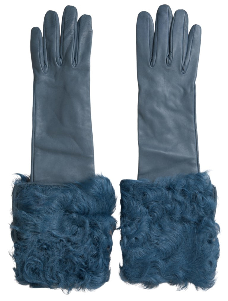 Dolce & Gabbana Elegant Blue Leather Gloves with Fur Trim - KALAJ