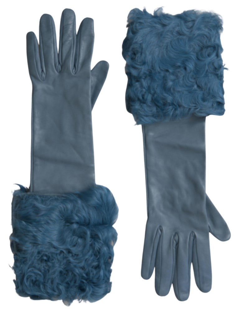 Dolce & Gabbana Elegant Blue Leather Gloves with Fur Trim - KALAJ