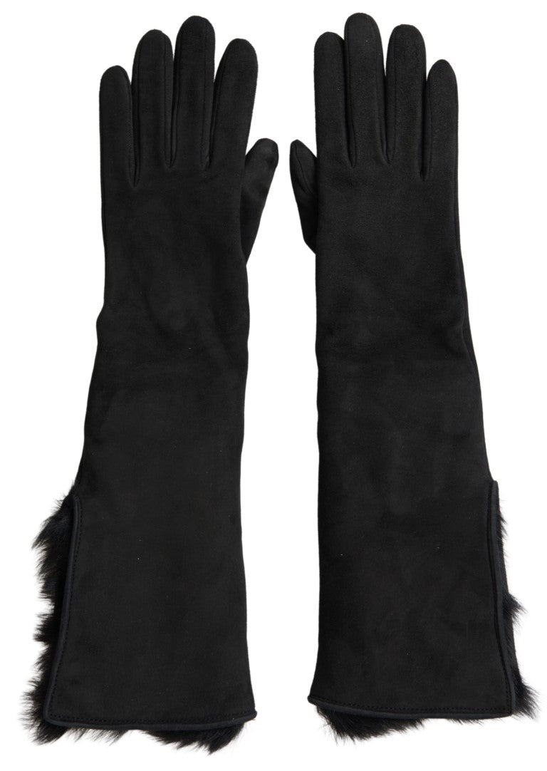 Dolce & Gabbana Elegant Leather Elbow Length Gloves with Fur Trim - KALAJ