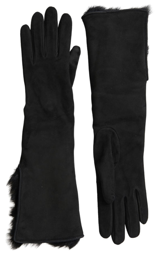 Dolce & Gabbana Elegant Leather Elbow Length Gloves with Fur Trim - KALAJ