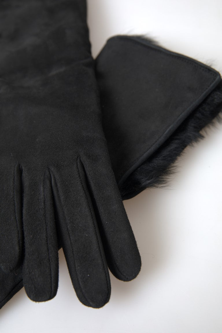 Dolce & Gabbana Elegant Leather Elbow Length Gloves with Fur Trim - KALAJ