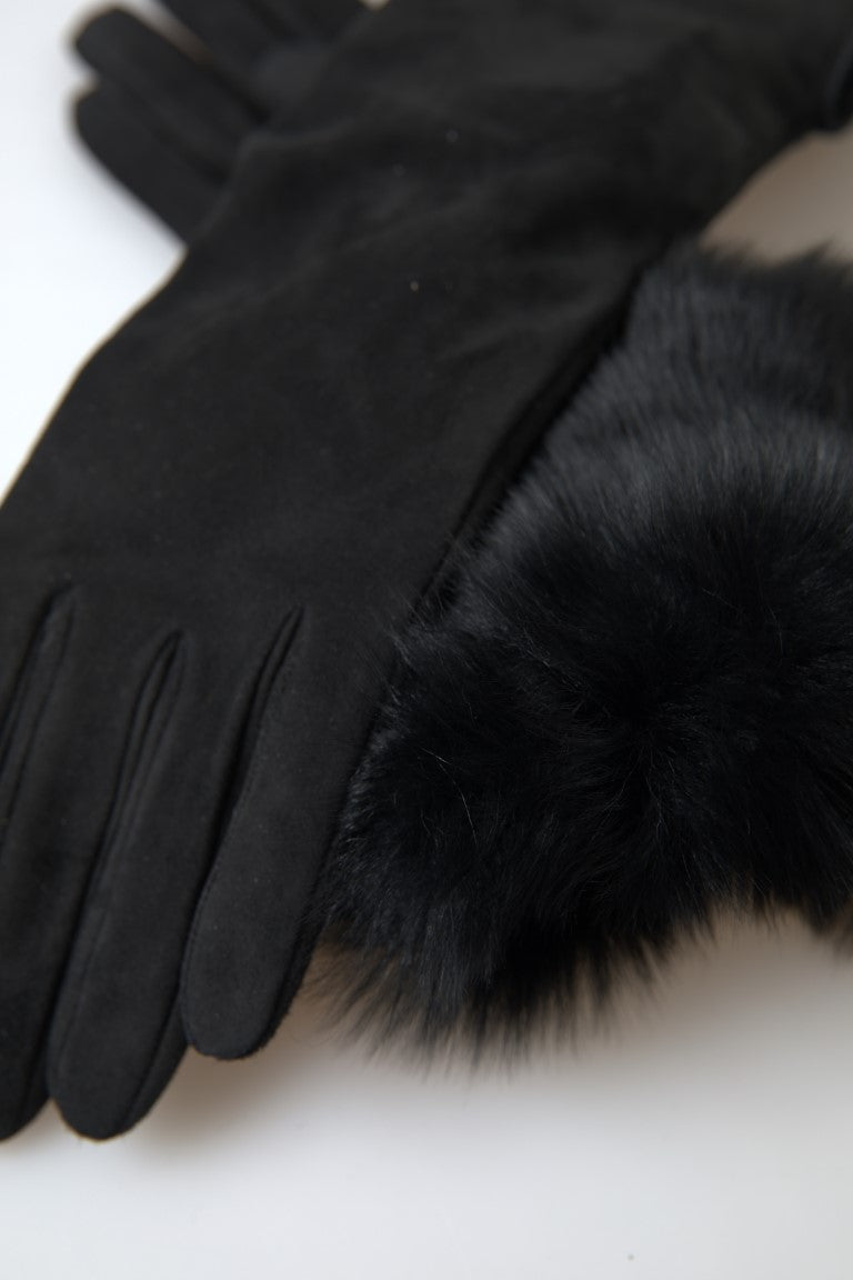 Dolce & Gabbana Elegant Leather Elbow Length Gloves with Fur Trim - KALAJ