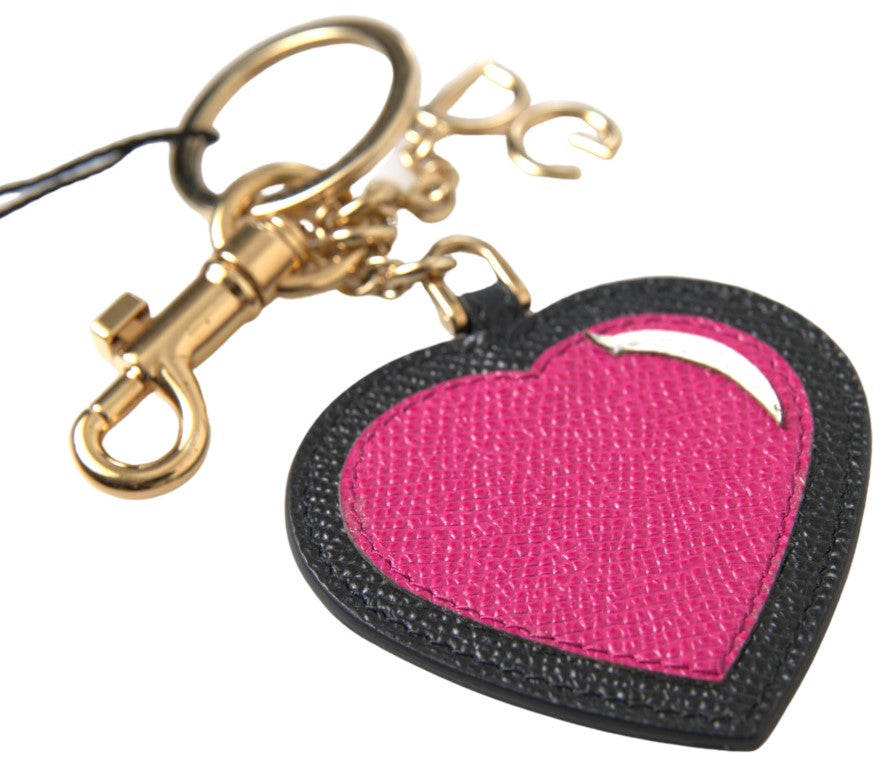 Dolce & Gabbana Elegant Black Leather Keychain with Fuchsia Accent - KALAJ