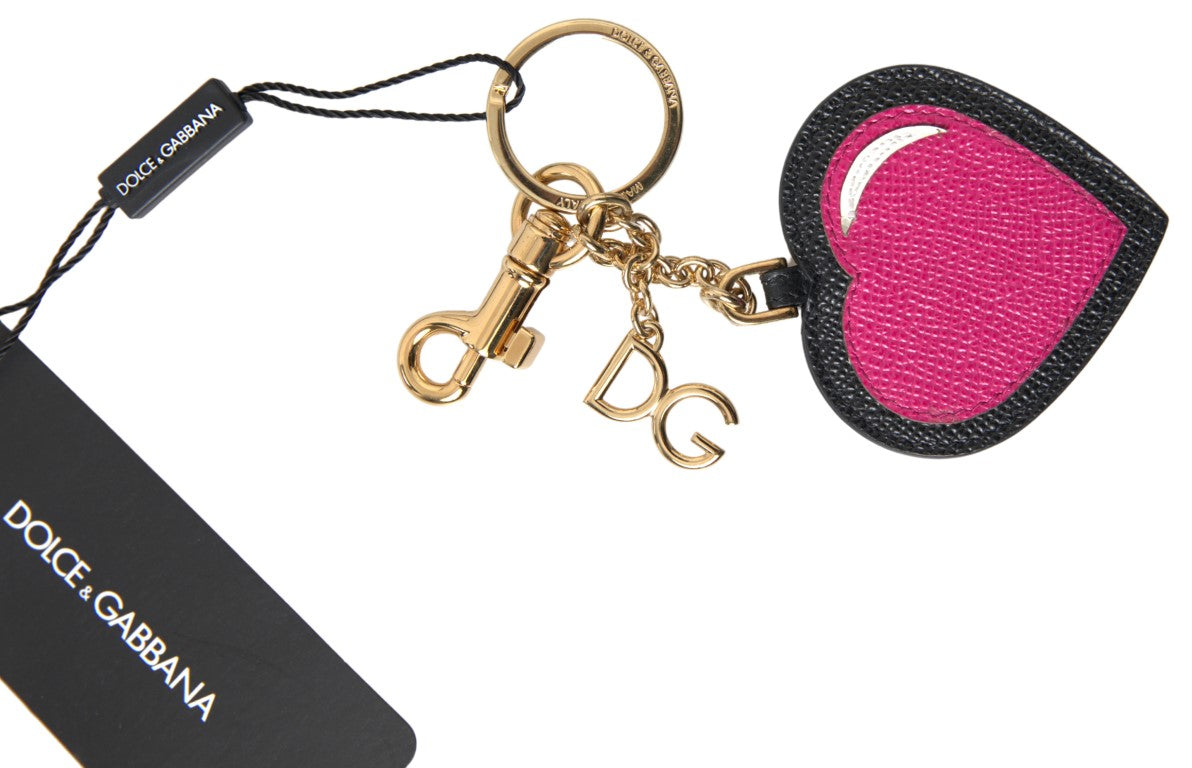 Dolce & Gabbana Elegant Black Leather Keychain with Fuchsia Accent - KALAJ