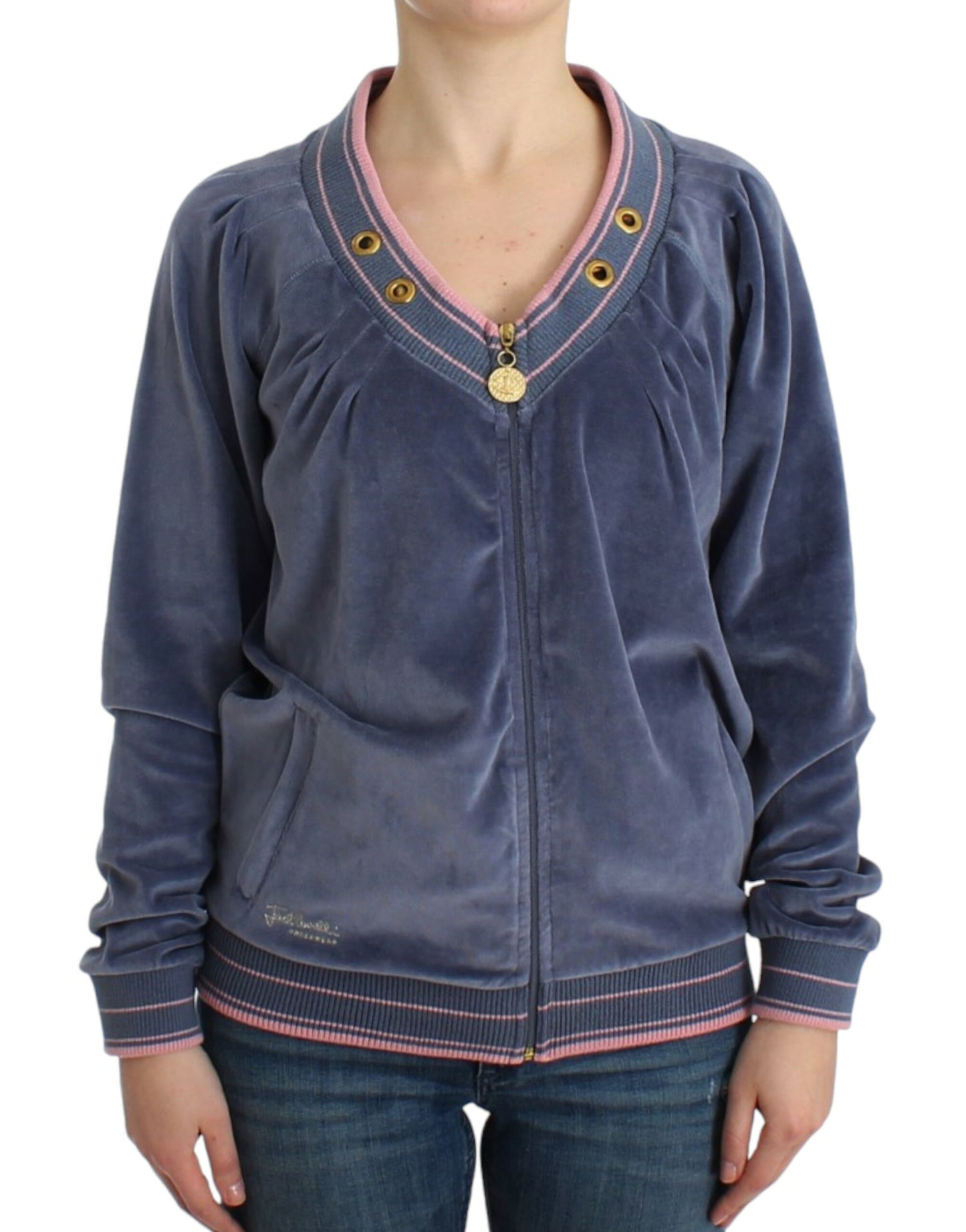 Cavalli Elegant Blue Zip Cardigan with Gold Details