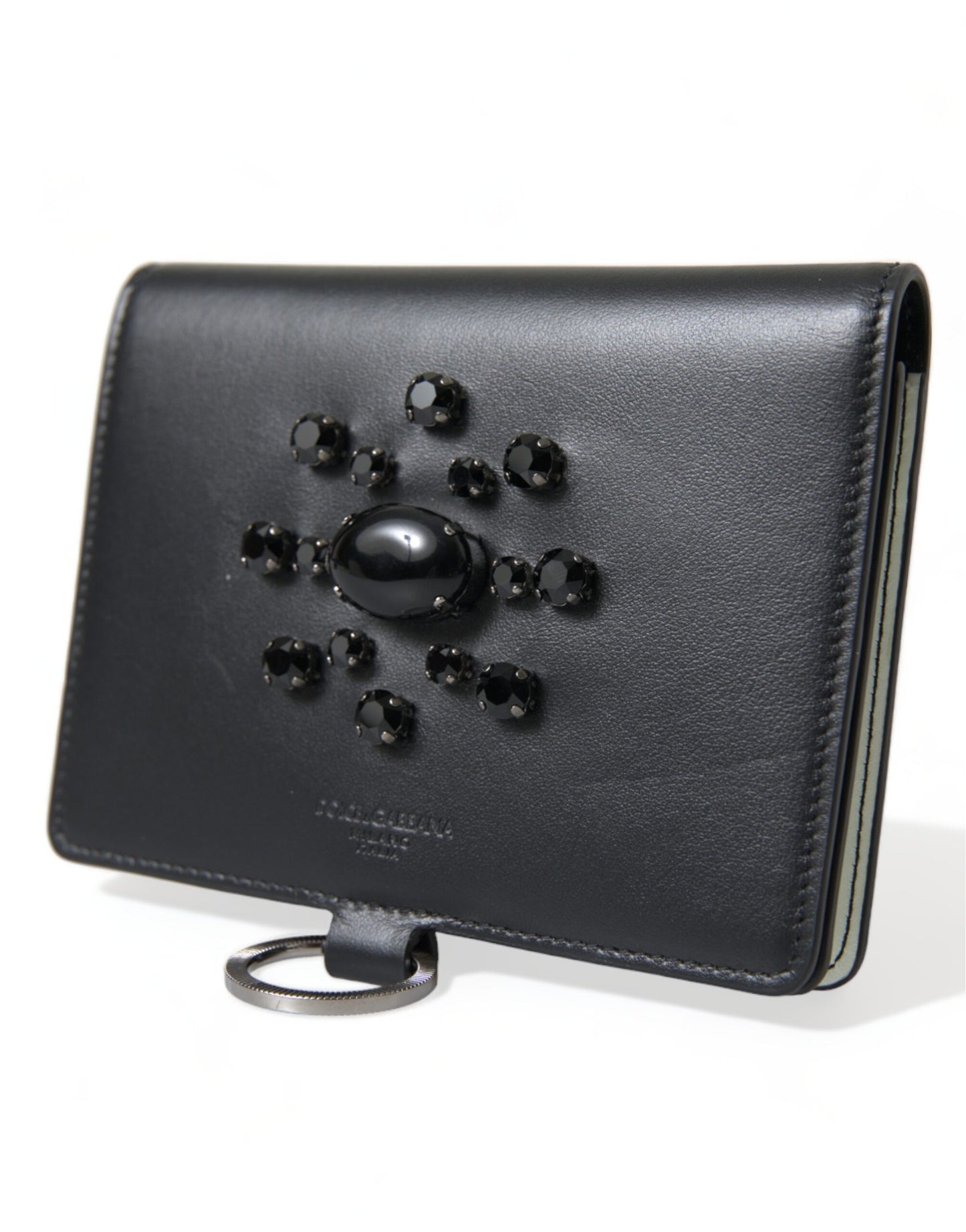 Dolce & Gabbana Elegant Black Leather Crystal Card Holder Wallet - KALAJ