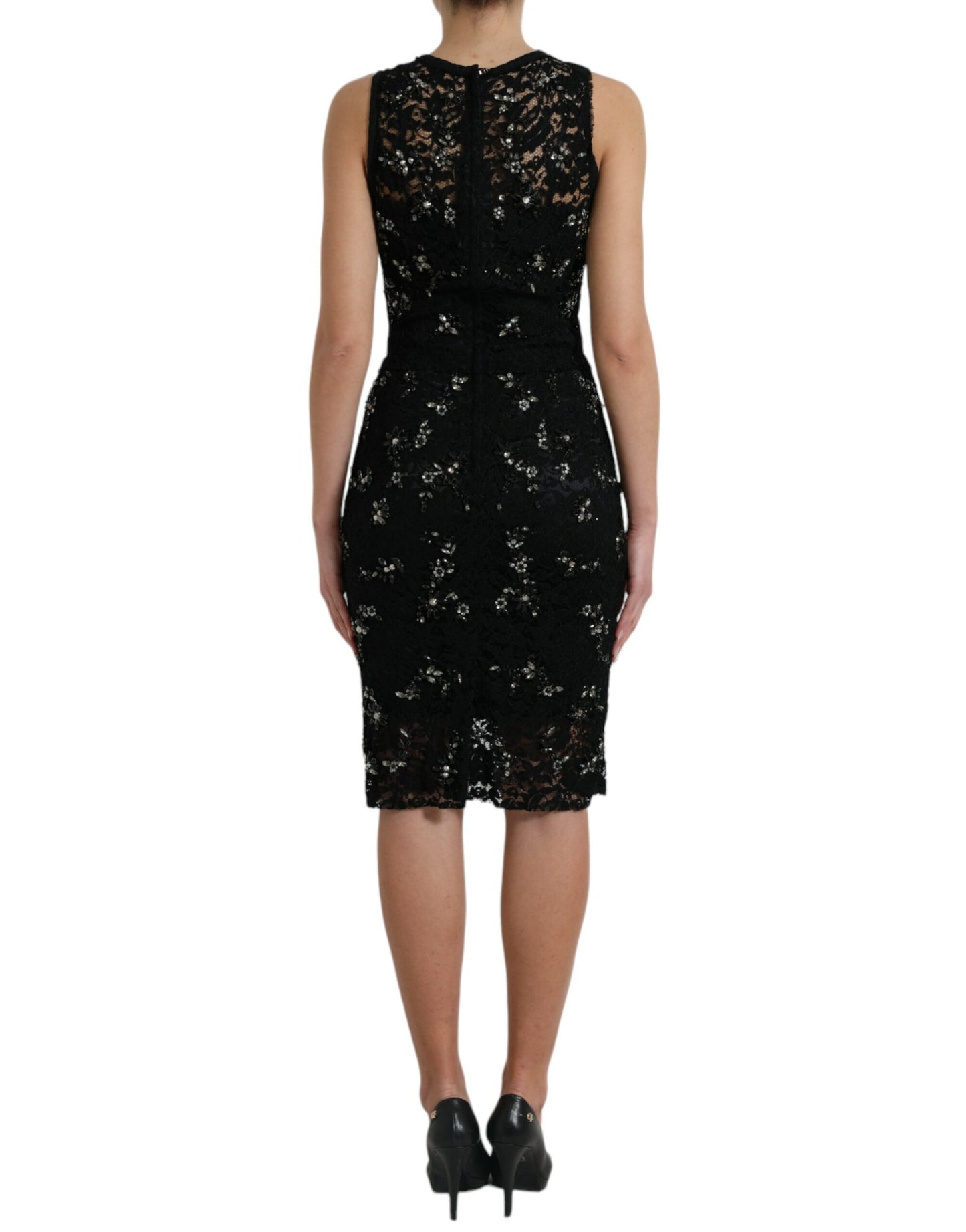 Dolce & Gabbana Exquisite Black Floral Lace Crystal Sheath Dress