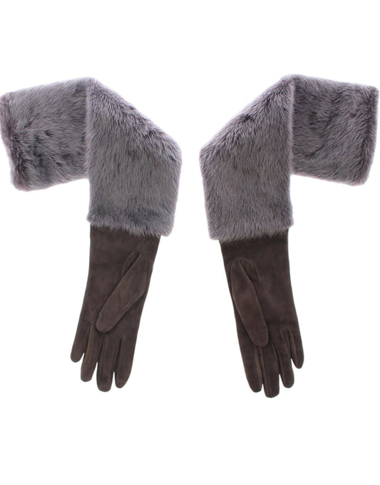 Dolce & Gabbana Elegant Gray Mink Fur Leather Elbow Gloves - KALAJ