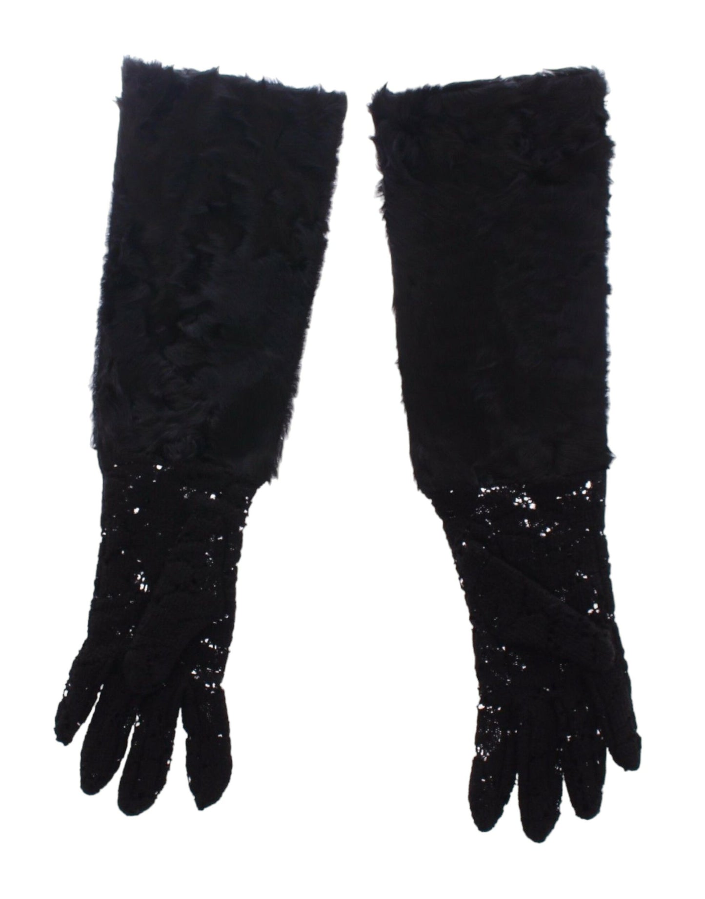 Dolce & Gabbana Black Wool Lace & Lamb Fur Elbow Gloves - KALAJ