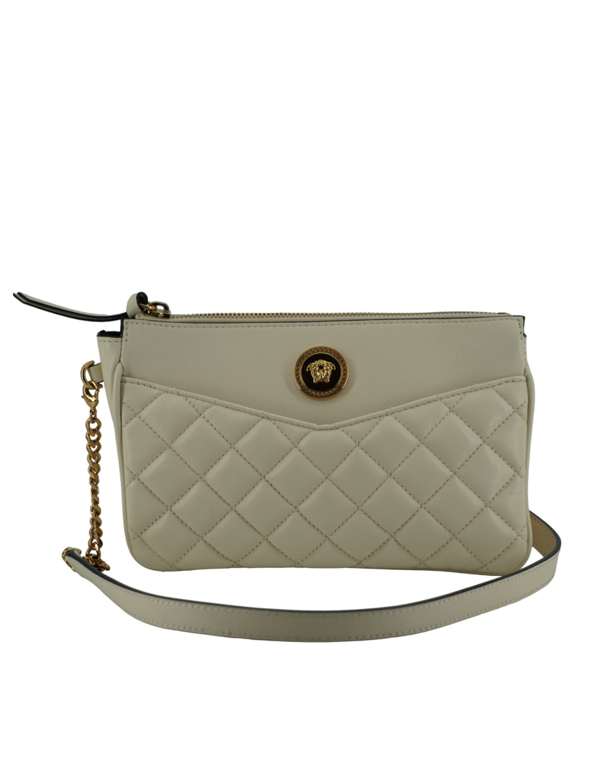 Versace Elegant White Lamb Leather Crossbody Pouch - KALAJ